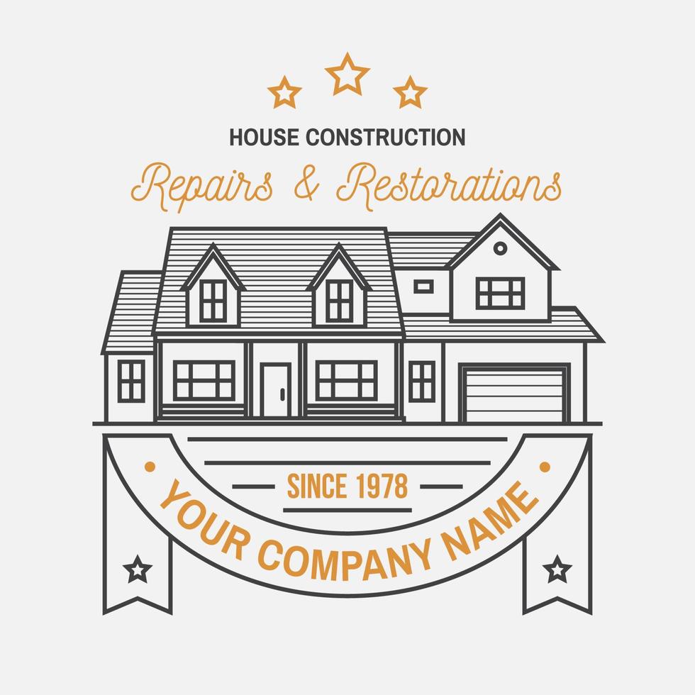 identidad de la empresa de construcción de casas con casa suburbana americana. ilustración vectorial insignia de línea delgada, signo para bienes raíces, negocios relacionados con la construcción y la empresa de construcción. vector