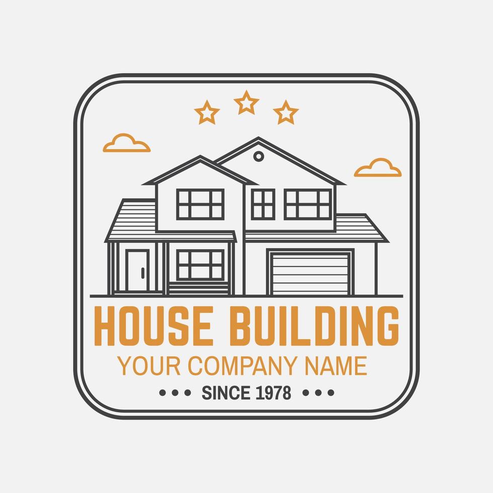 House construction company identity with suburban american house. Vector illustration. Thin line badge, sign for real estate, building and construction company related business.