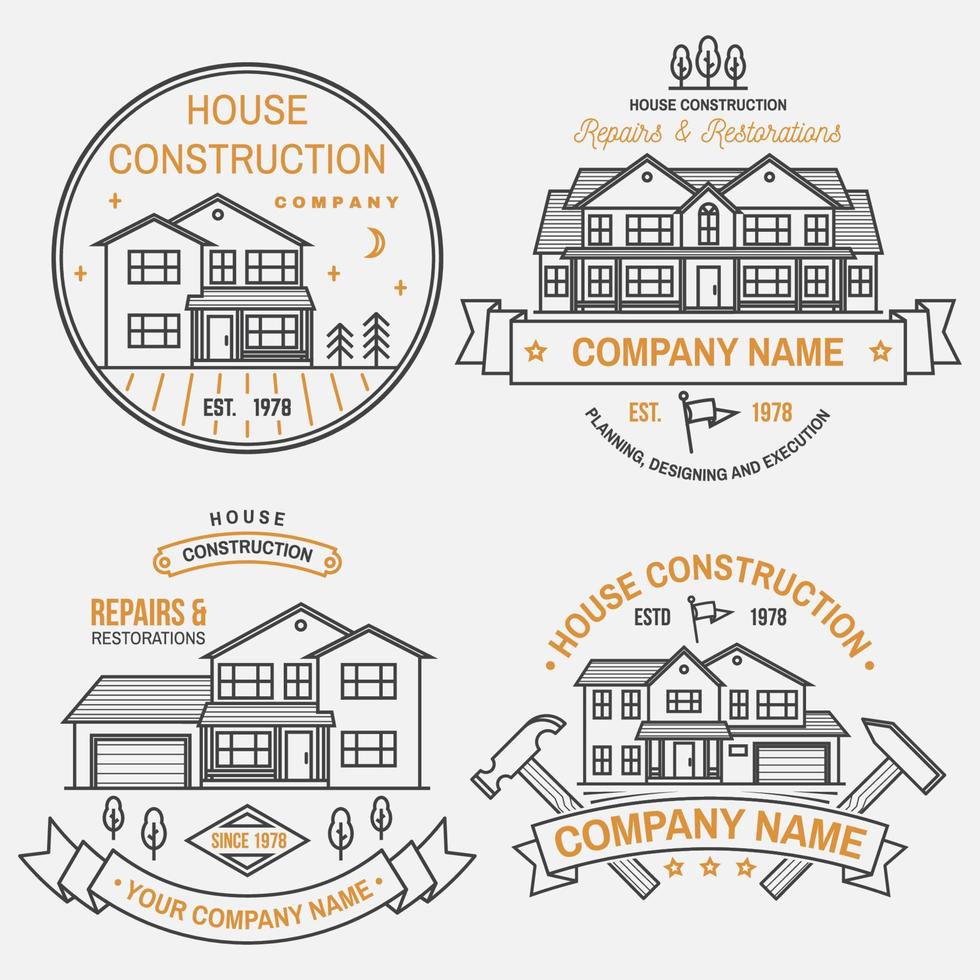 Set of House construction company identity with suburban american house. Vector illustration. Thin line badge, sign for real estate, building and construction company related business.