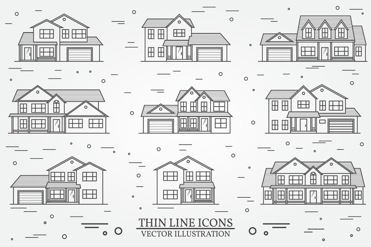 conjunto de casas americanas suburbanas de icono de línea delgada vectorial. para web vector
