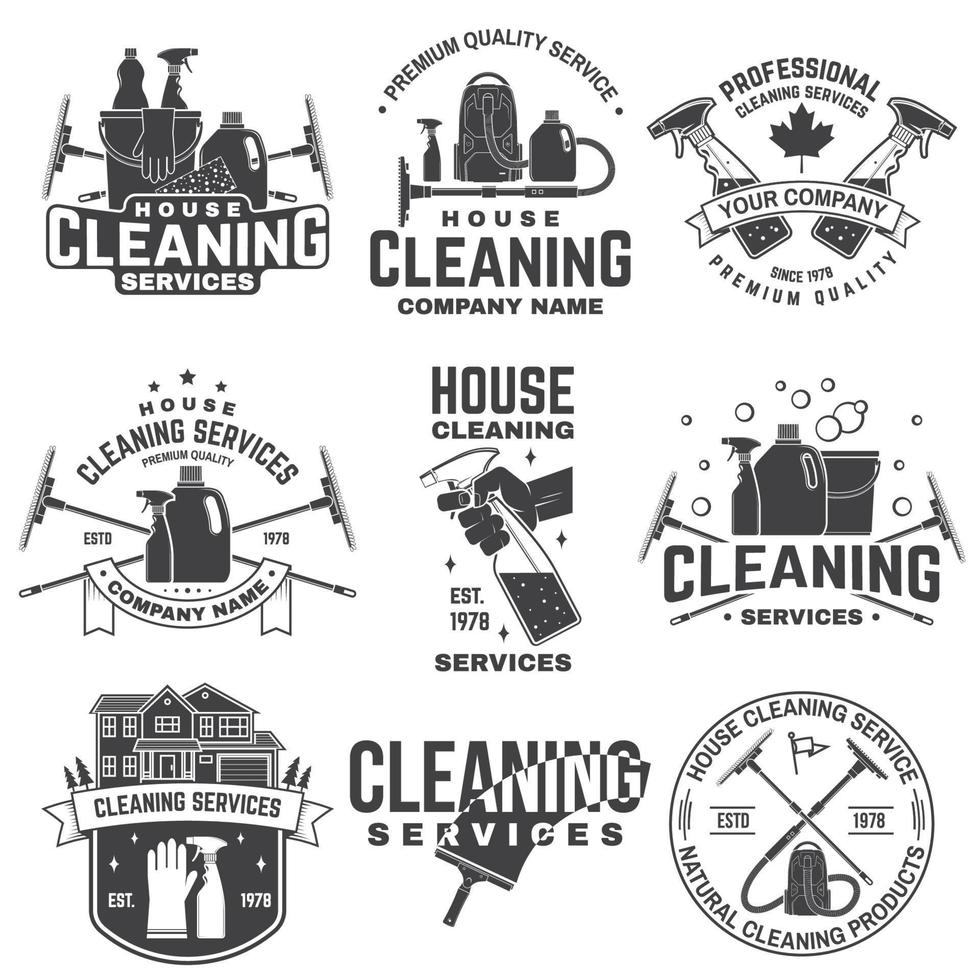 Cleaning company badge, emblem. Vector illustration. Concept for shirt, stamp or tee. Vintage typography design with cleaning equipments. Cleaning service sign for company related business