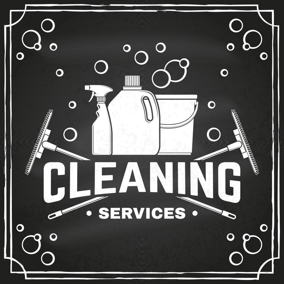 Cleaning company badge, emblem. Vector illustration. Concept for shirt, stamp or tee. Vintage typography design with cleaning equipments. Cleaning service sign for company related business