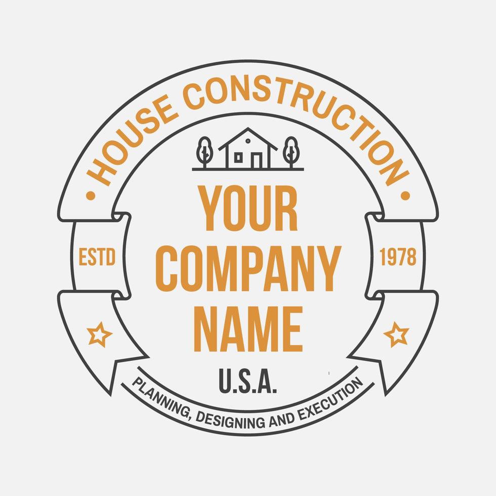 identidad de la empresa de construcción de casas con casa suburbana americana. ilustración vectorial insignia de línea delgada, signo para bienes raíces, negocios relacionados con la construcción y la empresa de construcción. vector