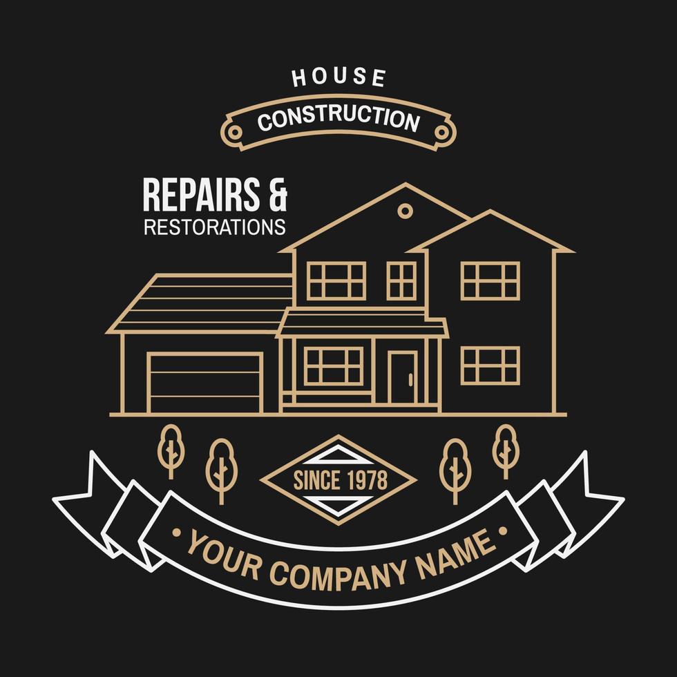 House construction company identity with suburban american house. Vector illustration. Thin line badge, sign for real estate, building and construction company related business.