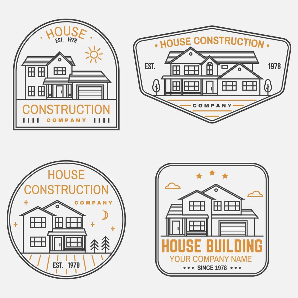 conjunto de identidad de la empresa de construcción de casas con casa suburbana americana. ilustración vectorial insignia de línea delgada, signo para bienes raíces, negocios relacionados con la construcción y la empresa de construcción. vector