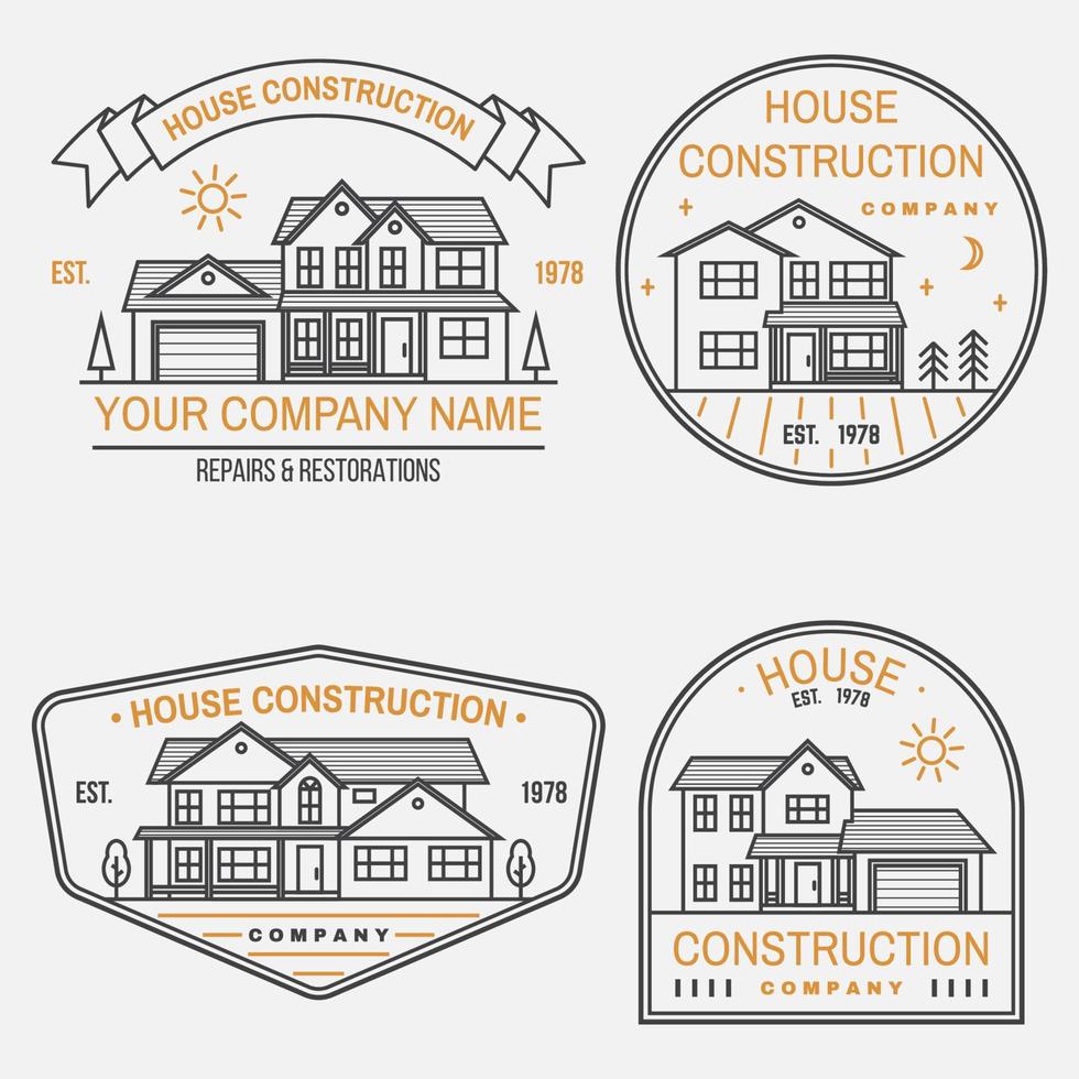 conjunto de identidad de la empresa de construcción de casas con casa suburbana americana. ilustración vectorial insignia de línea delgada, signo para bienes raíces, negocios relacionados con la construcción y la empresa de construcción. vector