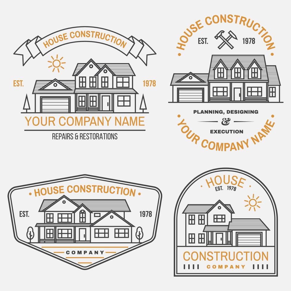 conjunto de identidad de la empresa de construcción de casas con casa suburbana americana. ilustración vectorial insignia de línea delgada, signo para bienes raíces, negocios relacionados con la construcción y la empresa de construcción. vector