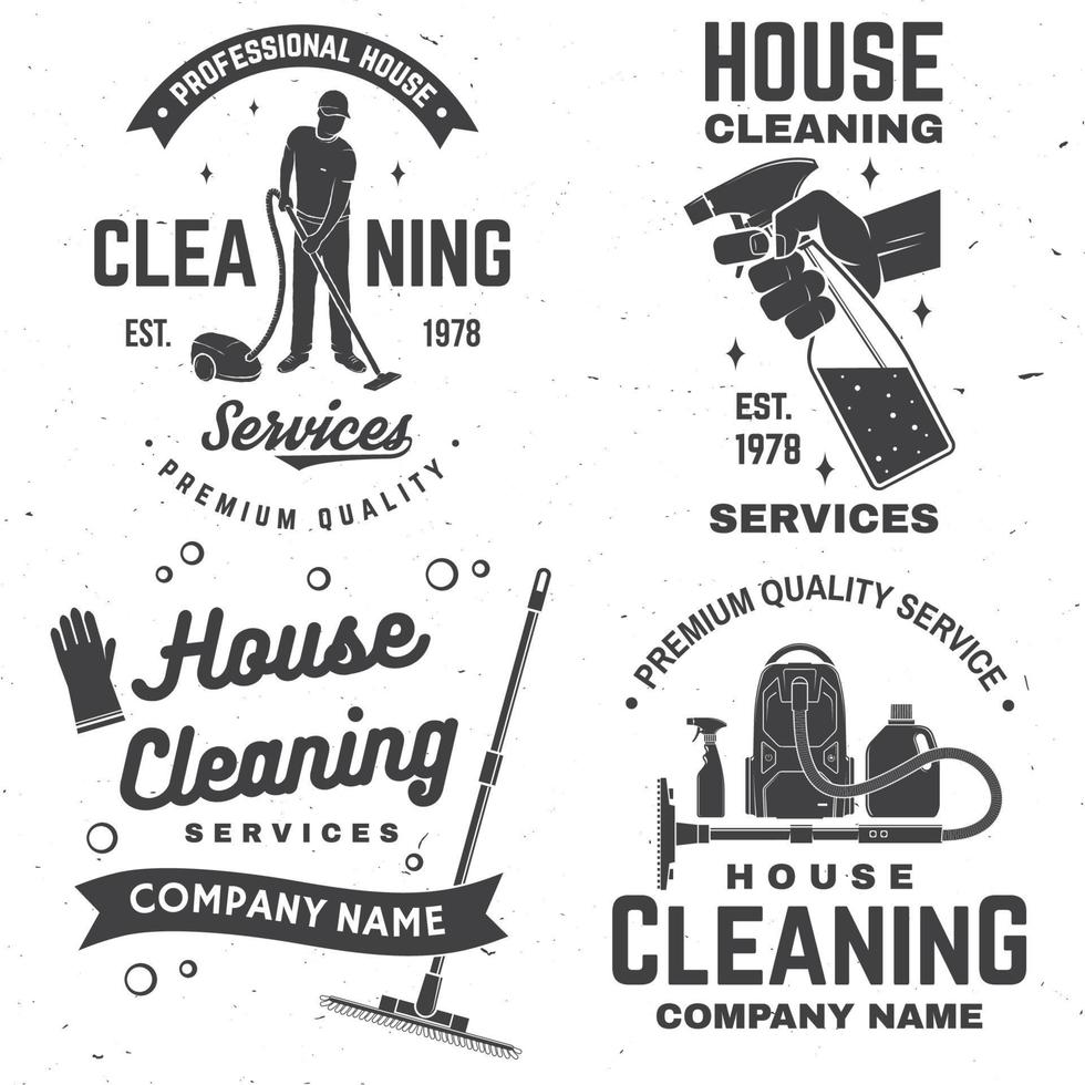 insignia de la empresa de limpieza, emblema. ilustración vectorial concepto para camisa, sello o camiseta. diseño de tipografía vintage con equipos de limpieza. señal de servicio de limpieza para negocios relacionados con la empresa vector