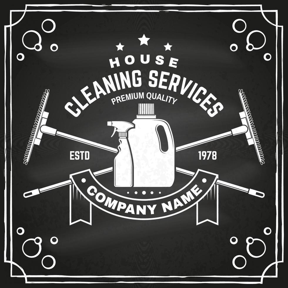 Cleaning company badge, emblem. Vector illustration. Concept for shirt, stamp or tee. Vintage typography design with cleaning equipments. Cleaning service sign for company related business