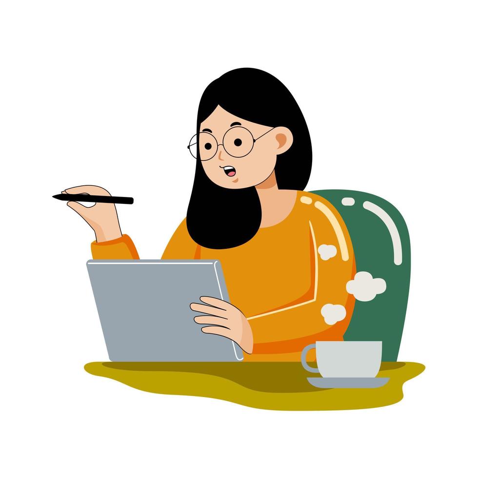 mujer trabajando con tableta grafica vector