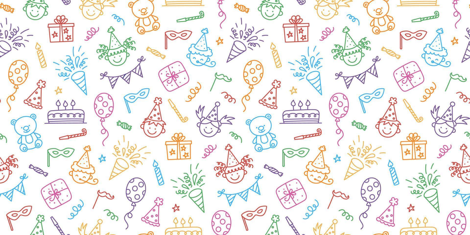 Seamless pattern with Happy Birthday doodles. Sketch of party decoration, funny smily children face, gift box and cute cake. Children drawing. Hand drawn vector illustration on white background
