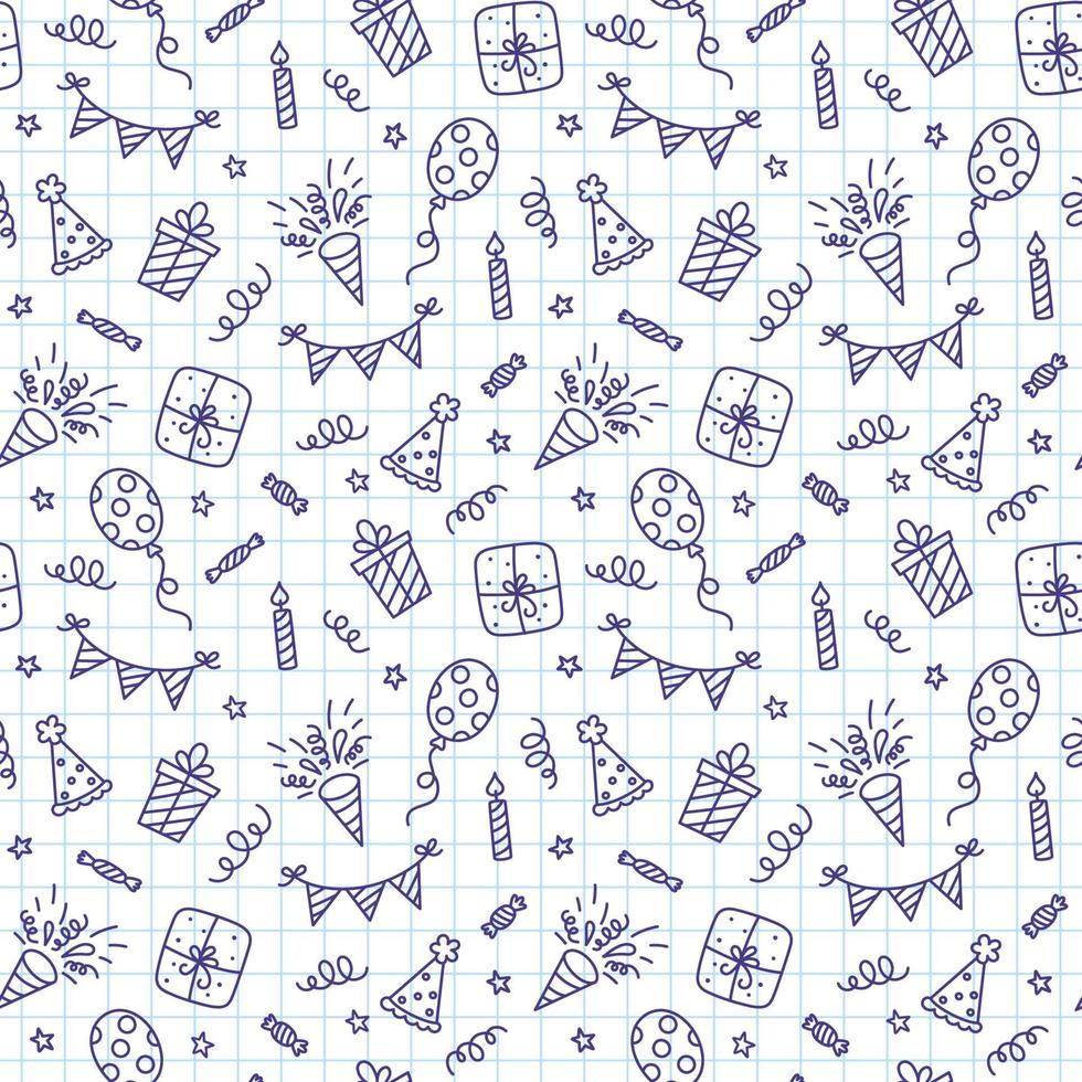 Seamless pattern with Happy Birthday doodles. Sketch of party decoration, gift box and balloons. Children drawing. Hand drawn vector illustration on white background