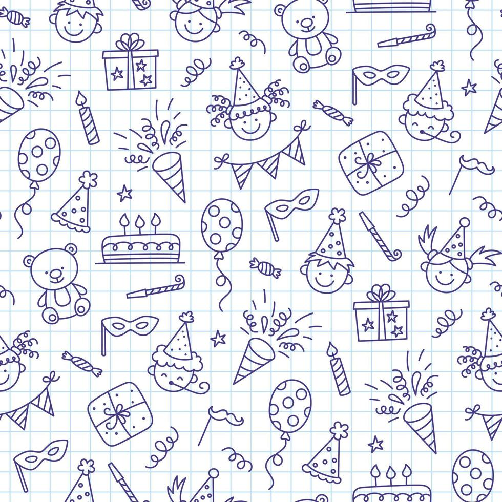 Seamless pattern with Happy Birthday doodles. Sketch of party decoration, funny children face, gift box and cute cake. Children drawing. Hand drawn vector illustration on squared notebook background.