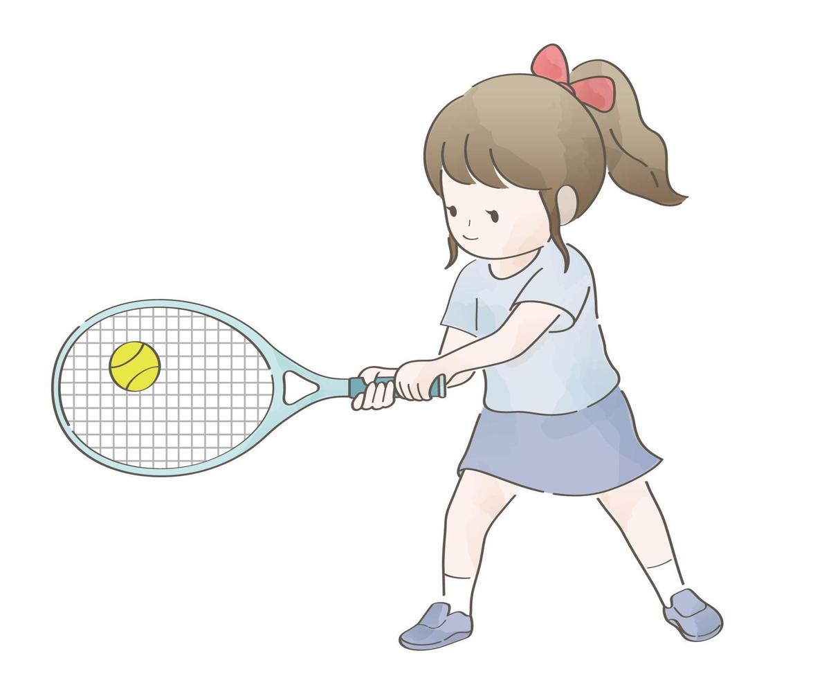 Watercolor Cute Girl Playing Tennis. Vector Illustration Isolated On A White Background.