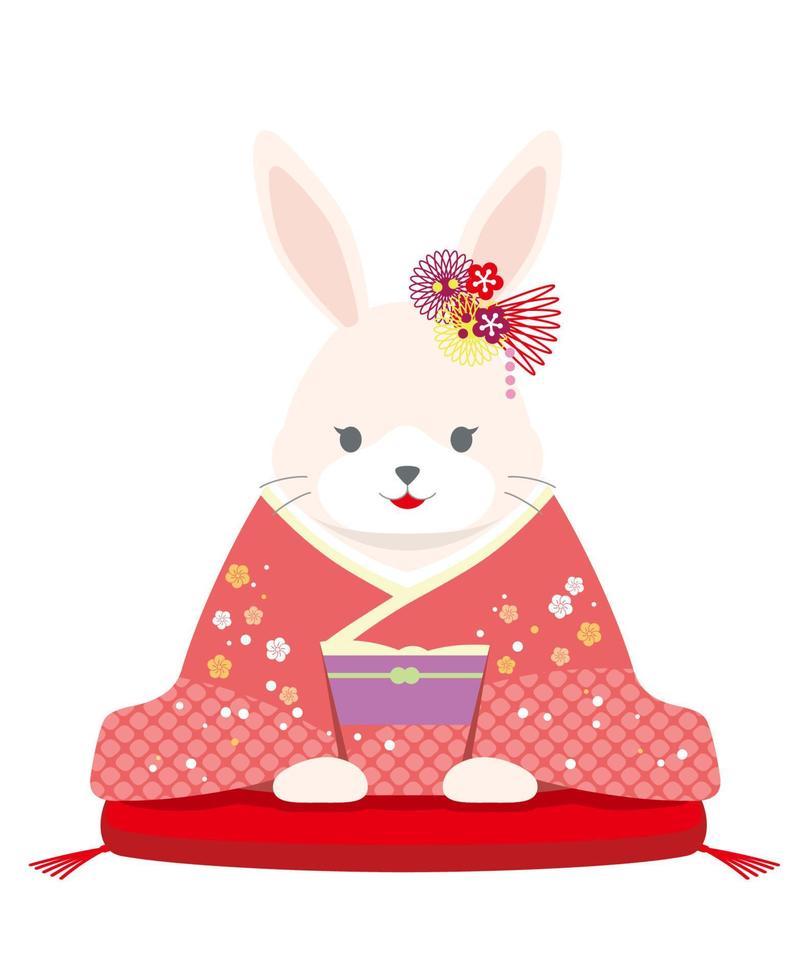 el año de la mascota del conejo vestida con kimono japonés ofreciendo sus saludos de año nuevo. vector