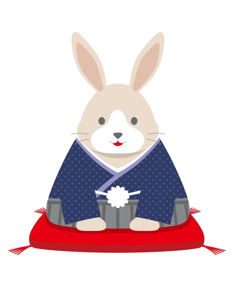 el año de la mascota del conejo vestido con kimono japonés ofreciendo sus saludos de año nuevo. vector