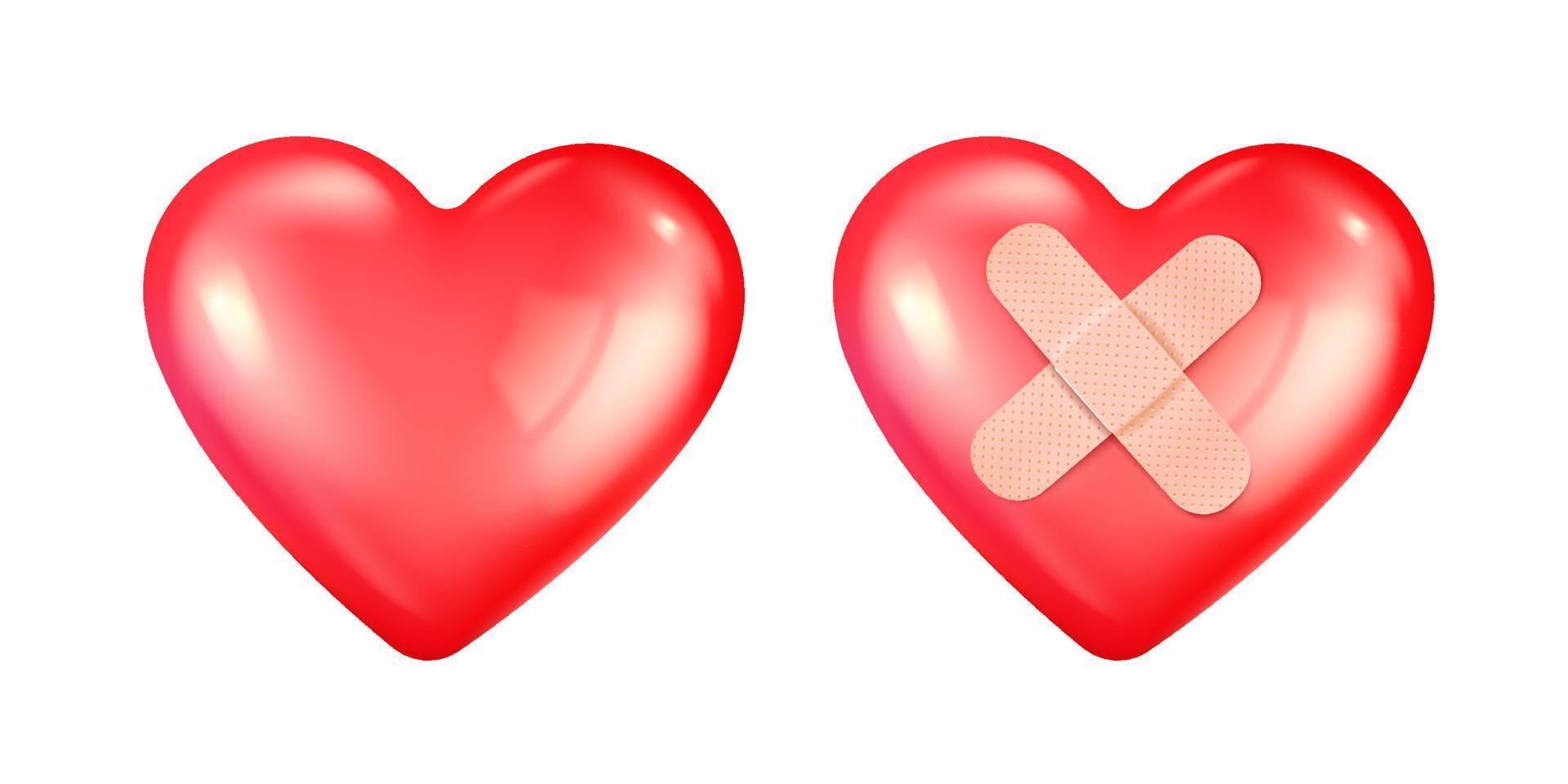 Vector set icons of red heart with bandage for Valentine's Day in realistic 3d style.