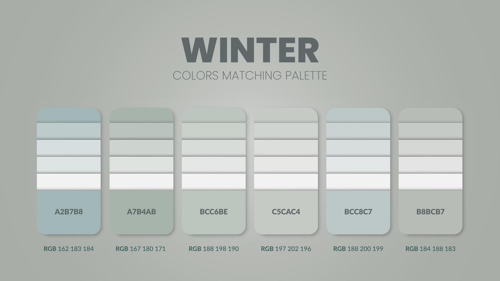 Winter color palettes or color schemes are trends combinations and palette guides this year table color shades in RGB or HEX. A color swatch for a  soft day fashion, home, or interior design vector