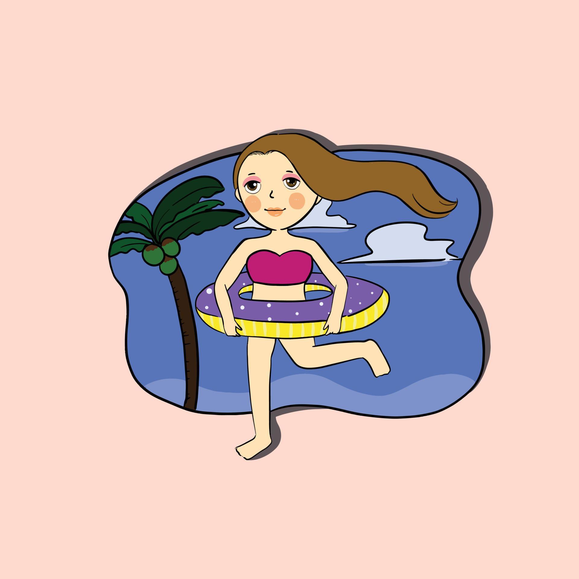 woman in bikini cartoon with floating ring run on beach in summer