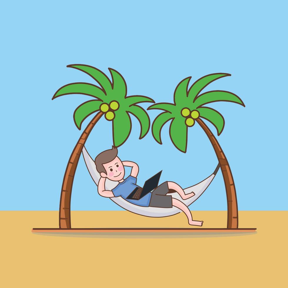Happy businessman freelance resting and working on laptop on cot seaside on beach, cartoon man character illustration in summer and hot season 7717315 Vector Art at Vecteezy Happy businessman freelance resting and working on laptop on cot seaside on beach, cartoon man character illustration in summer and hot season 7717315 Vector Art at Vecteezy