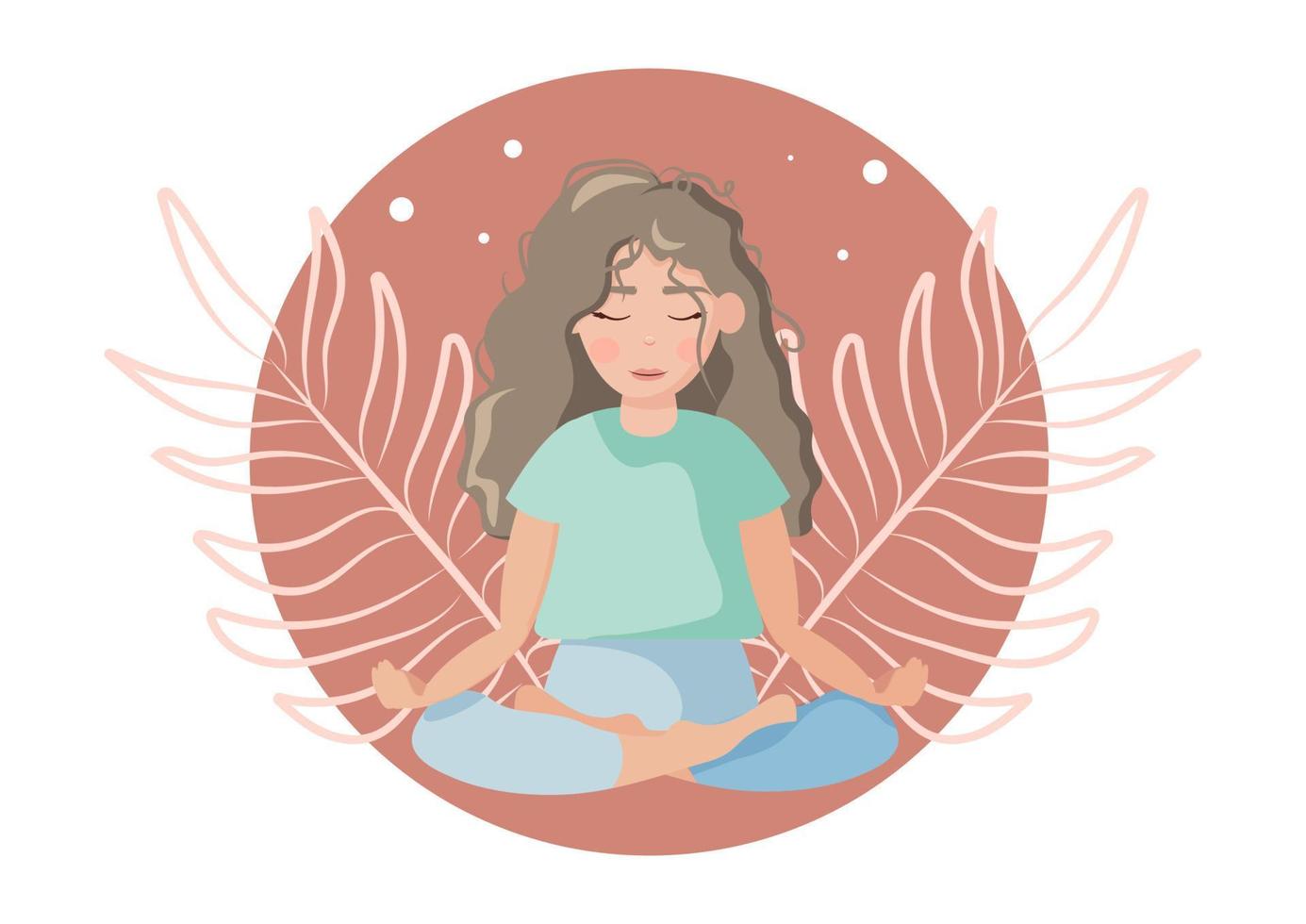 International Yoga Day hand-drawn flat illustration in boho style. A beautiful girl is sitting in a lotus position in tropical plant silhouettes. vector