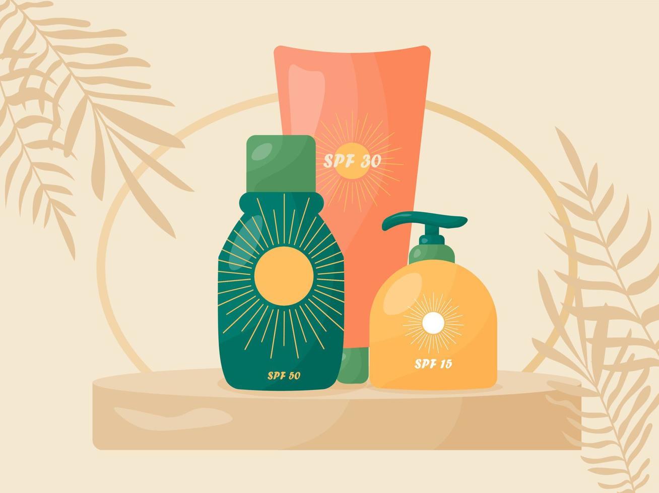 fije protector solar en un tubo para aplicar y cuidar la piel de la cara, cuerpo con spf. Cosméticos para el bronceado y después del bronceado. vector