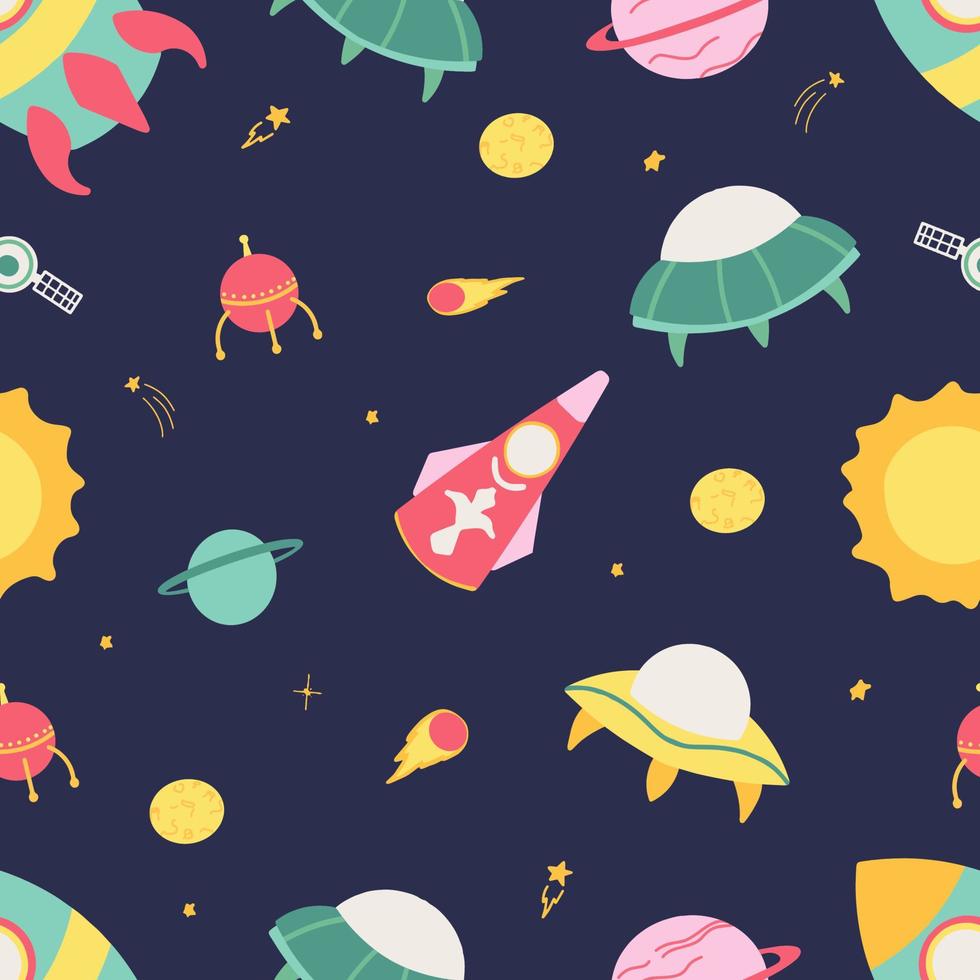 A pattern with space planets, spaceships, constellations, stars, UFOs. The universe and the galaxy vector