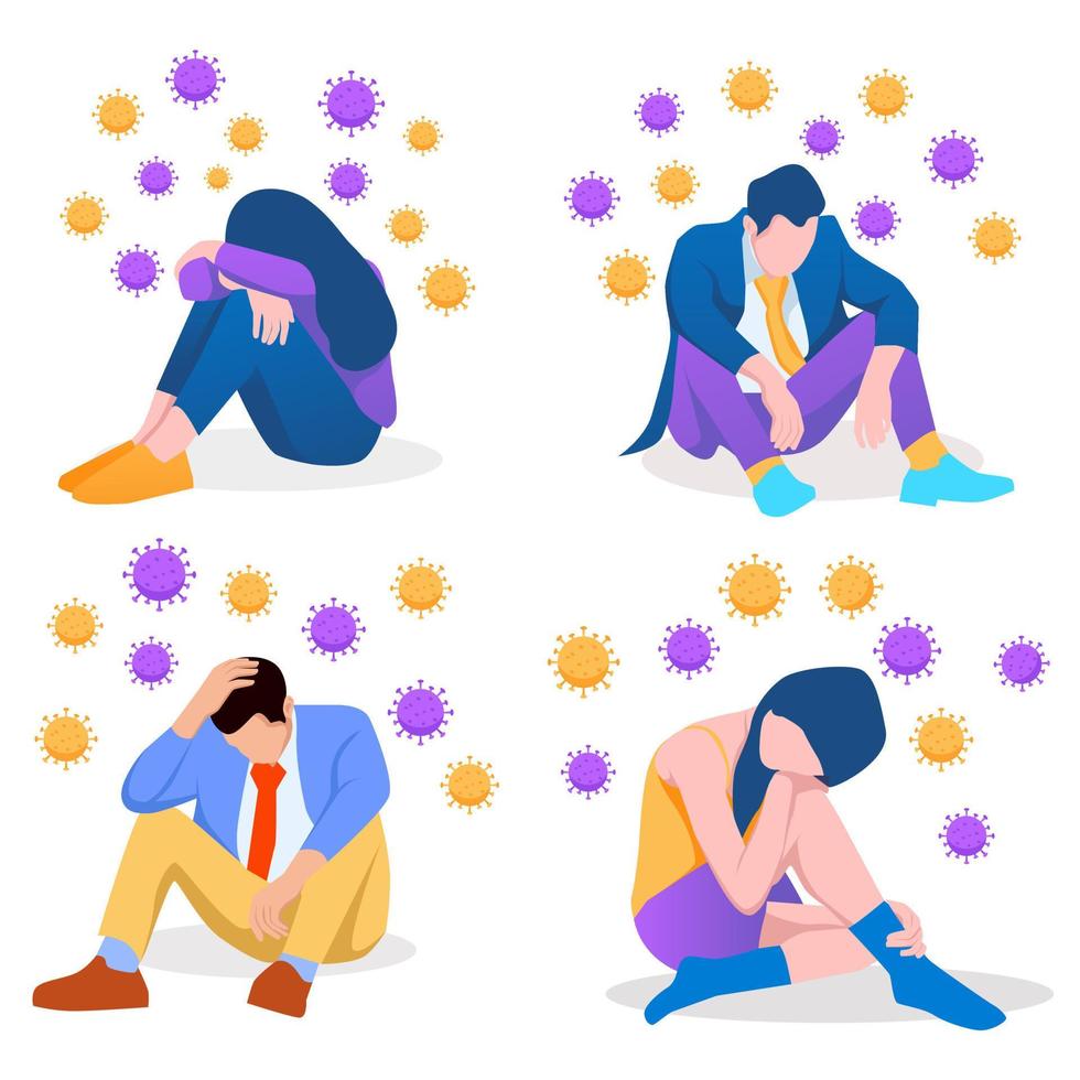 Solitude and depression from social distancing, isolated stay home alone in COVID-19 coronavirus crisis, anxiety from virus infection, Sad unhappy depressed people sit alone with virus pathogens vector