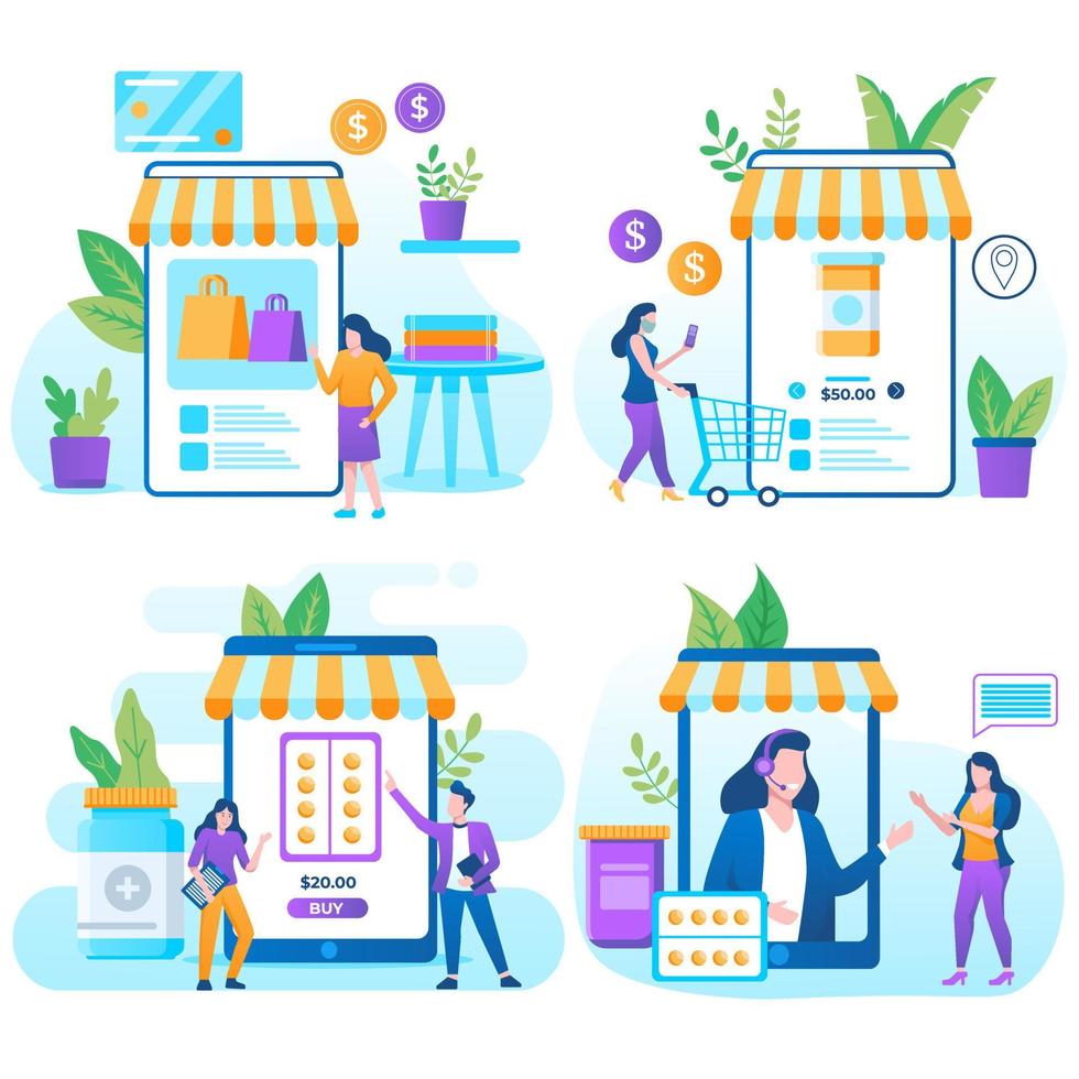 E-shop, shopping concept with characters. Commercial checkout pay, ecommerce retail on device for customer application. Discount for woman smart purchasing. Flat vector illustration