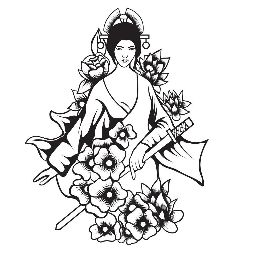 hermosa mujer geisha japonesa y espada katana tradicional diseño vectorial en blanco y negro vector