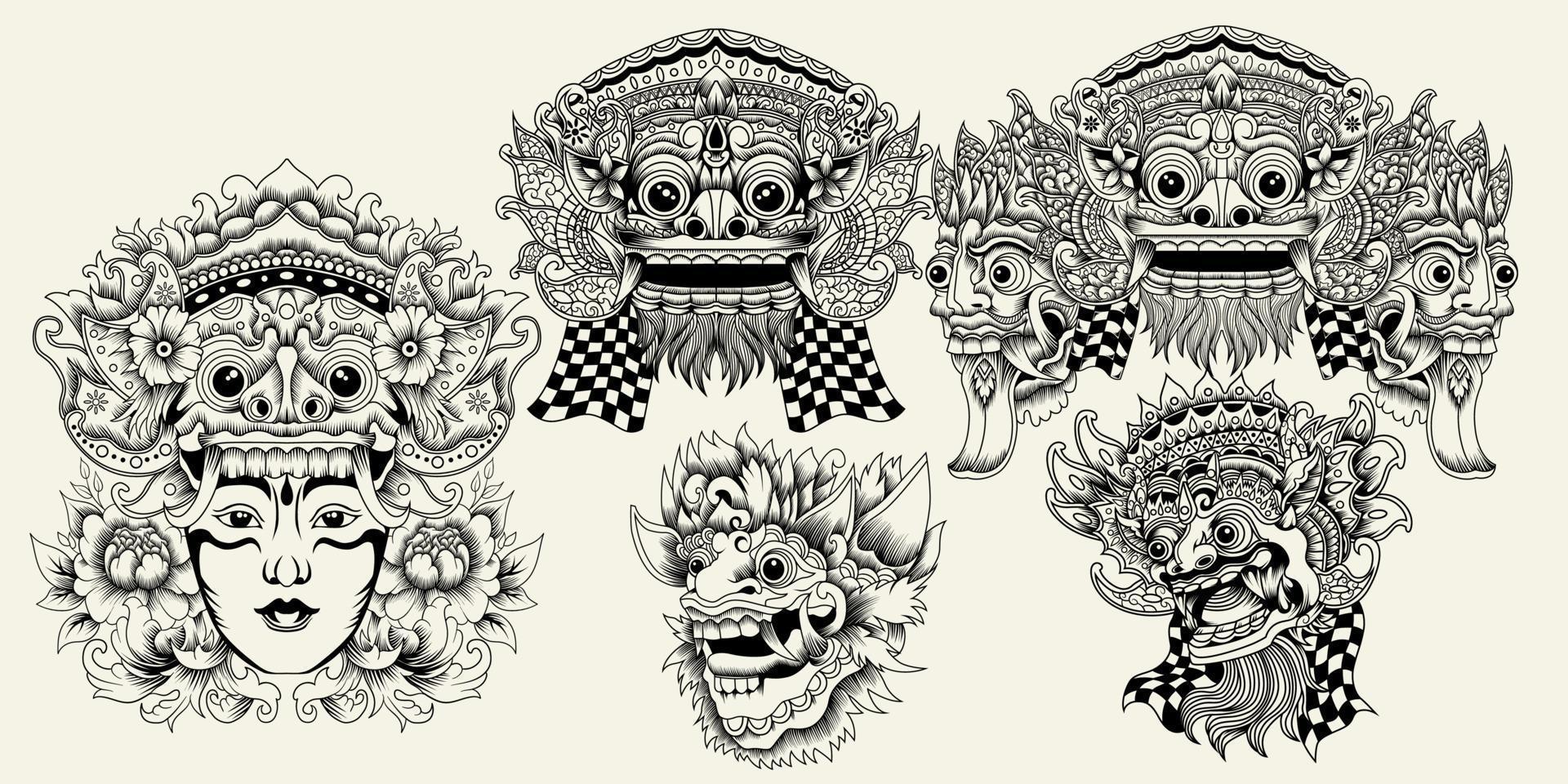 Balinese Barong vector illustration in black and white