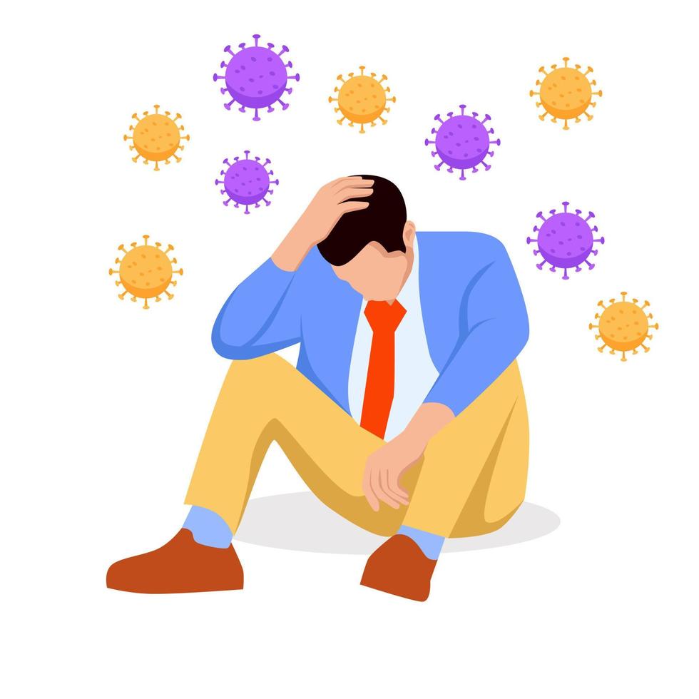 Solitude and depression from social distancing, isolated stay home alone in COVID-19 coronavirus crisis, anxiety from virus infection, Sad unhappy depressed woman sit alone with virus pathogens vector