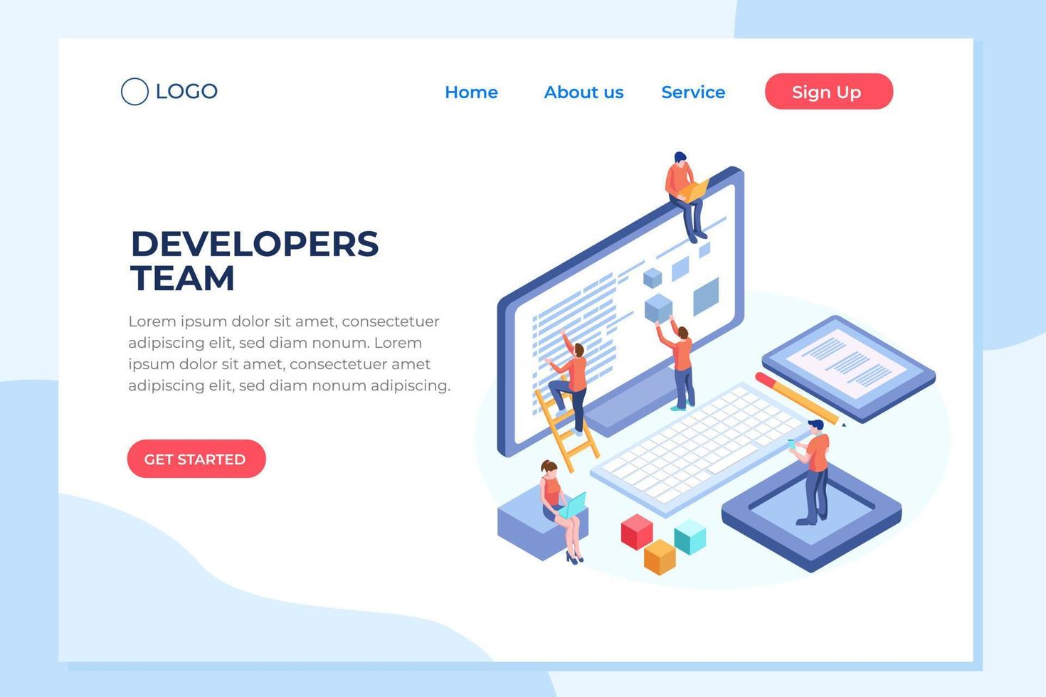 Engineer team at project development, template for developer. Coding develop, programmer at computer or workstation for business. Concept with character, flat isometric vector illustration