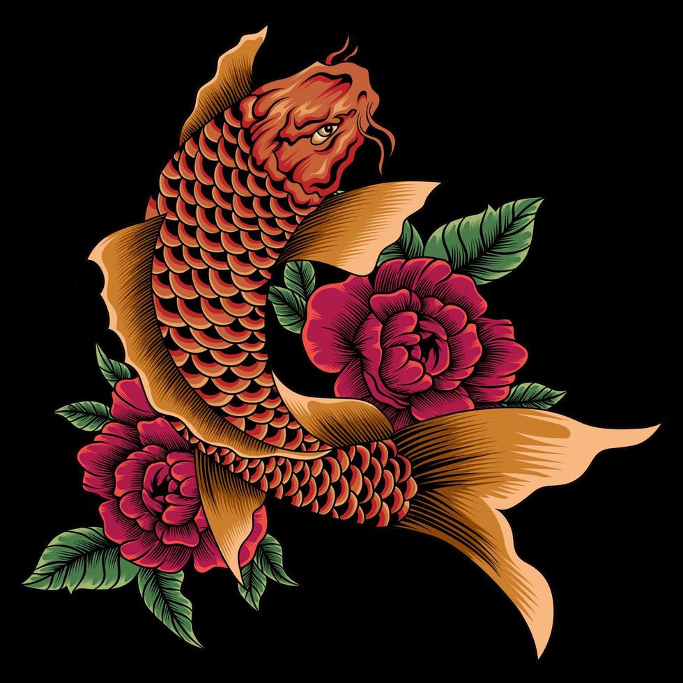pez koi con rosas ilustración vectorial vector