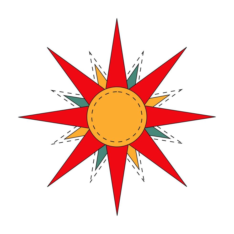 Red sun. Russian symbol holiday spring Shrovetide. Ornamental doodle vector illustration for printing, backgrounds, covers, packaging, greeting cards, posters, stickers and textile