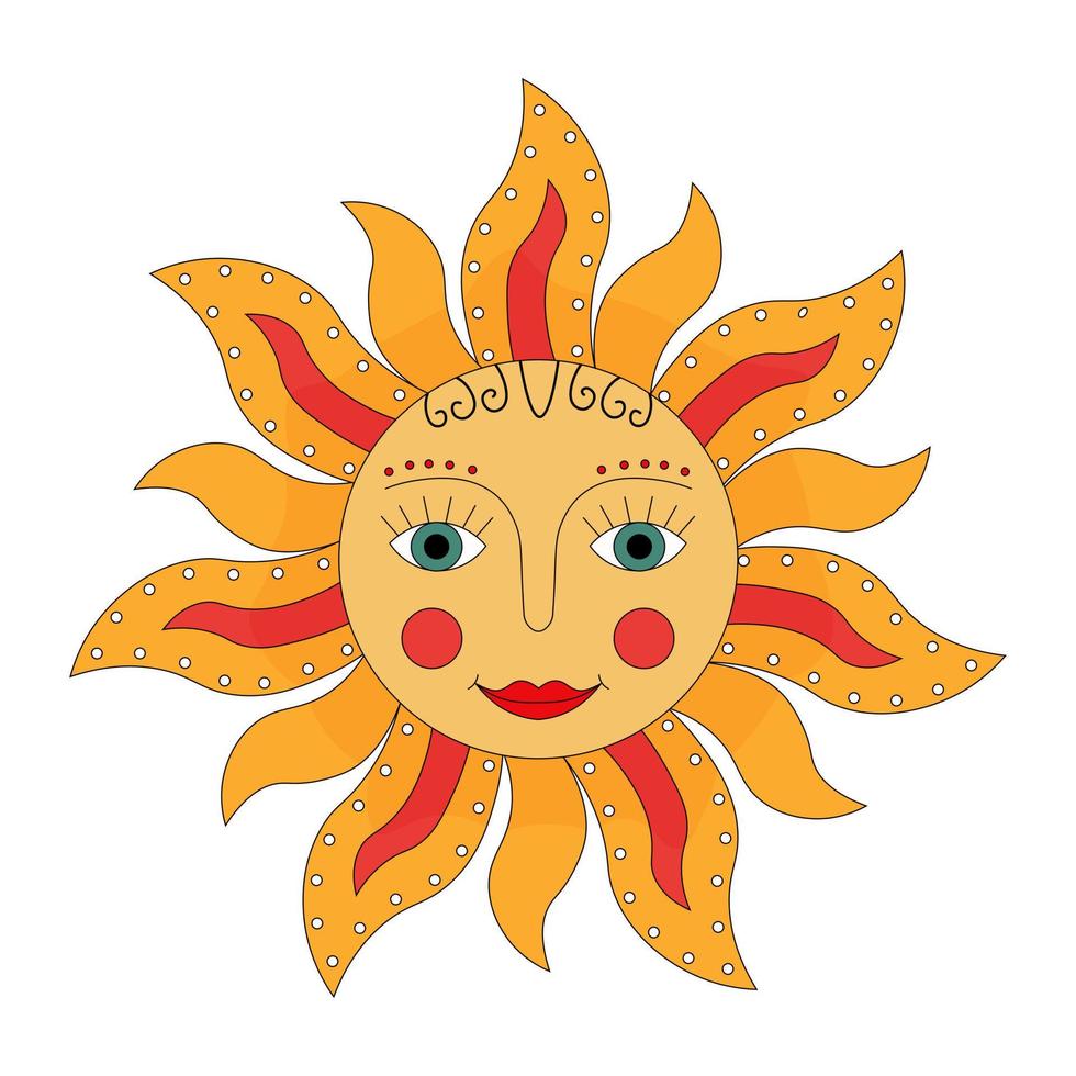 Yellow sun. Slavic symbol of Shrovetide. Ornamental doodle vector illustration isolated on white backgrounds. Russian symbol holiday spring Shrovetide. National holiday.