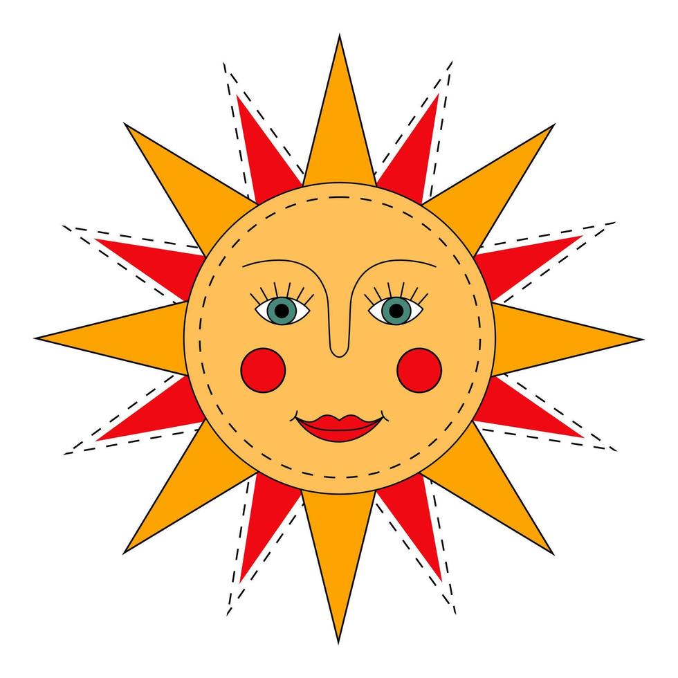 Yellow sun. Slavic symbol of Shrovetide. Ornamental doodle vector illustration isolated on white backgrounds. Russian symbol holiday spring Shrovetide.