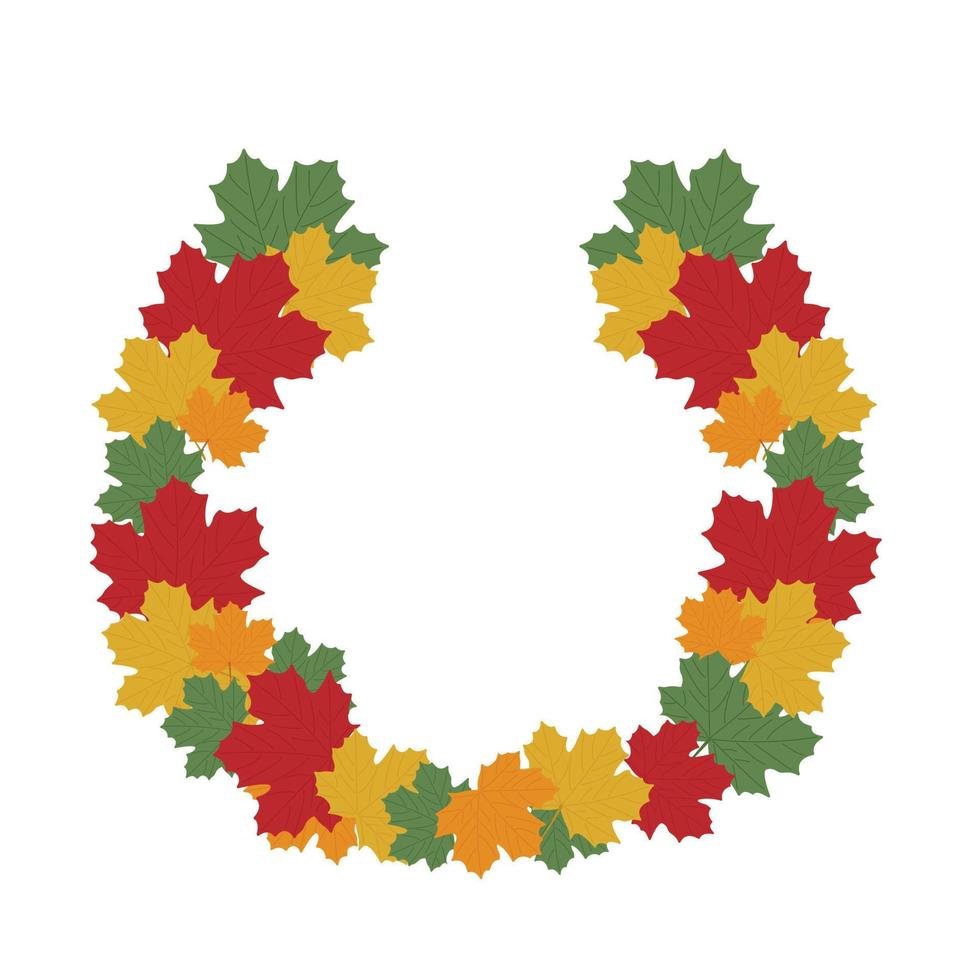 Round frame with orange, green, red and yellow maple leaves. Bright autumn wreath with gifts of nature with empty space for text. Thanksgiving wreath with maple leaves vector