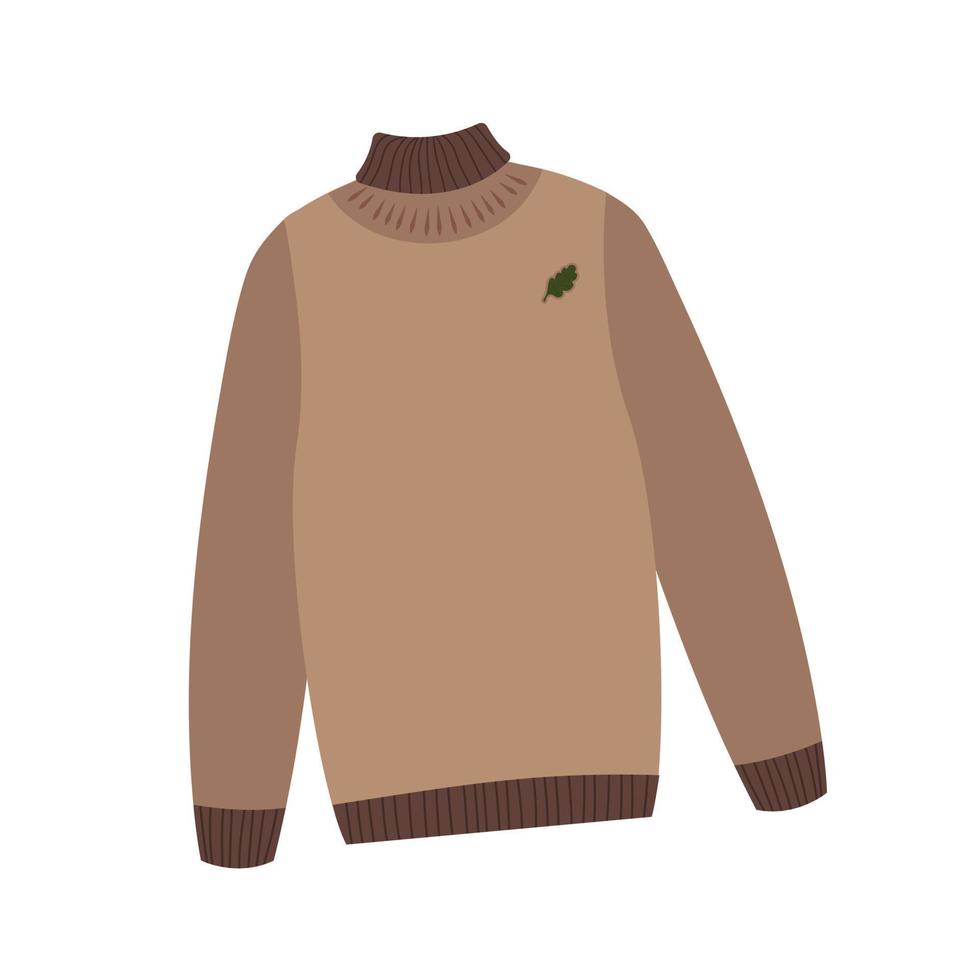 Warm brown knitted hand made sweater for autumn or winter season. Isolated cartoon handdrawn vector