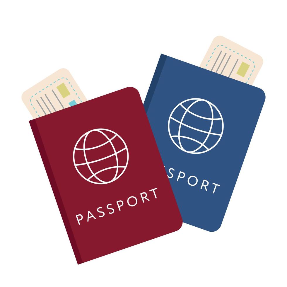 Blue and red international passport with tickets on white background vector