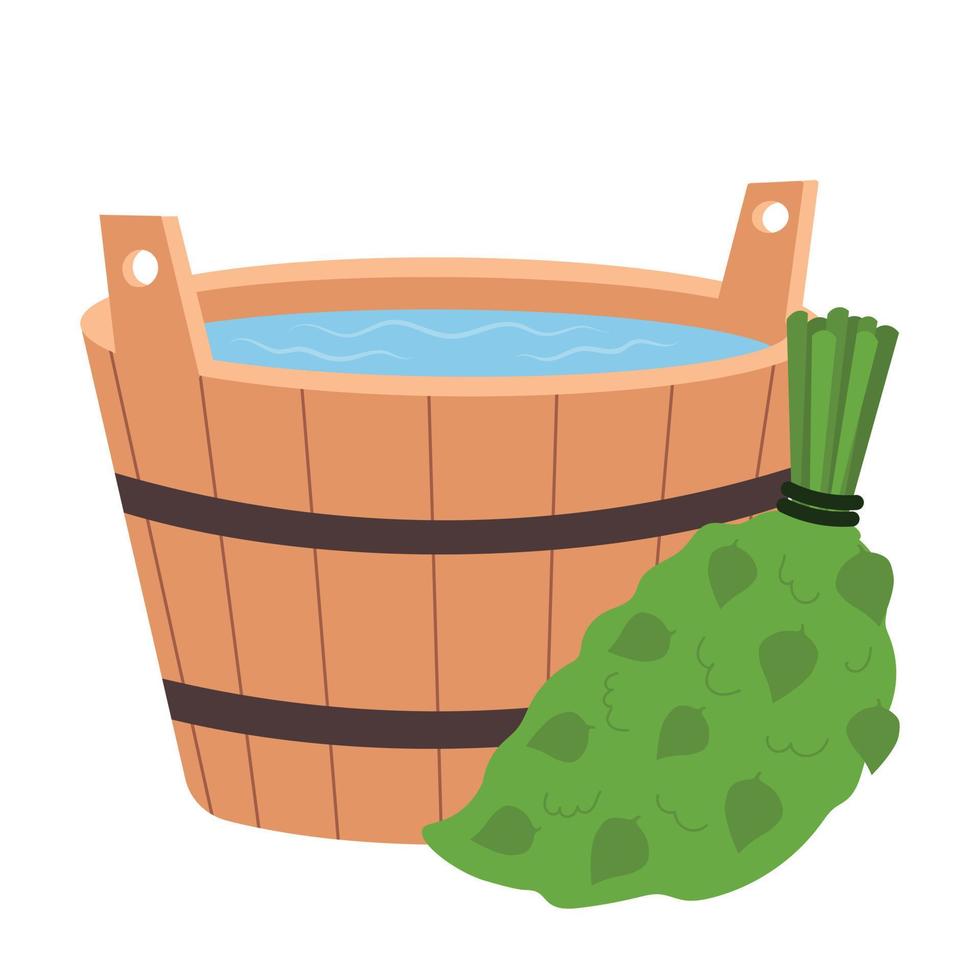 Wooden tub with water and a broom for the steam room and bath. Wooden bucket with water. Bath and sauna accessories vector
