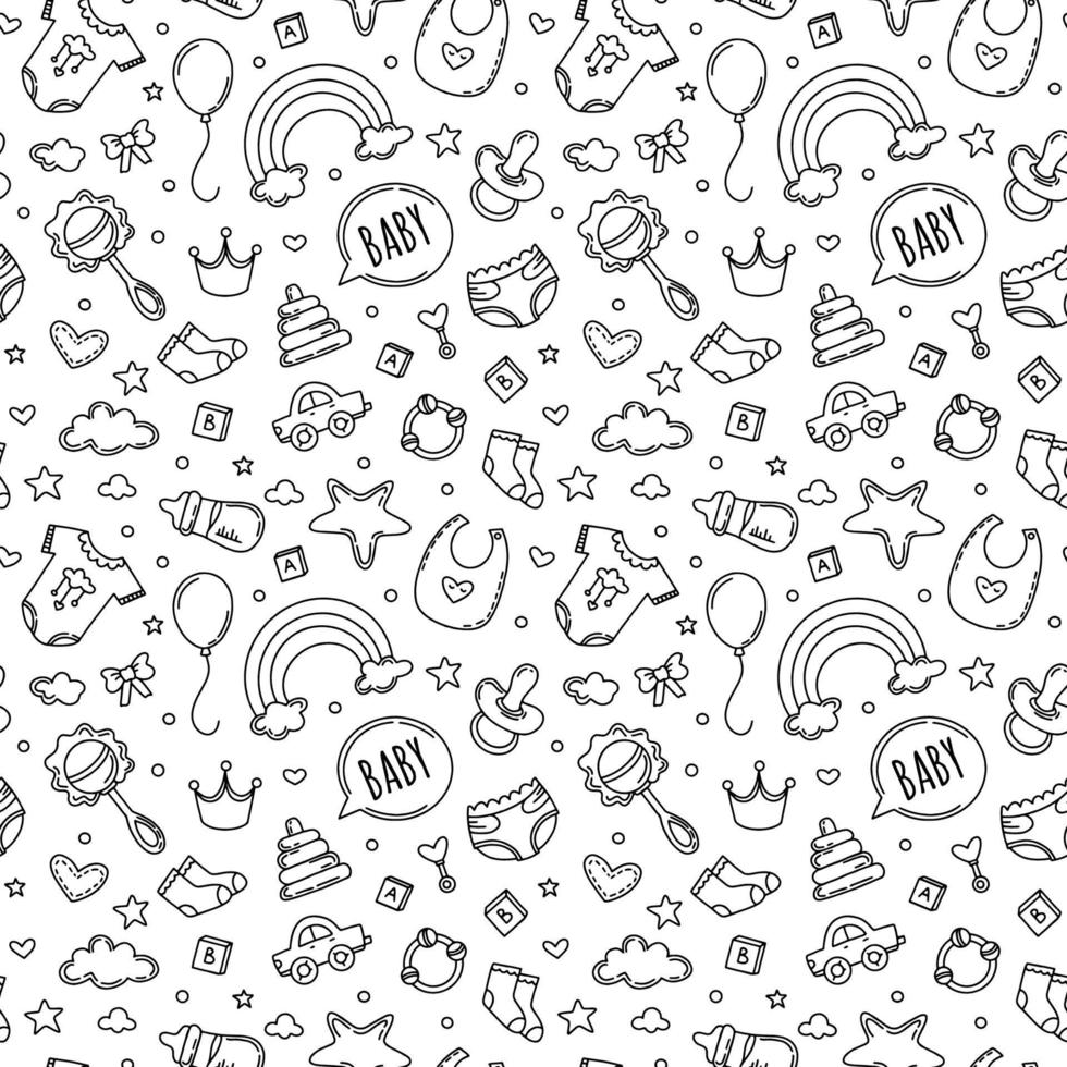 Childrens seamless pattern with cute clothes for kids. Cartoon vector baby print with nipples, rattles and toys.