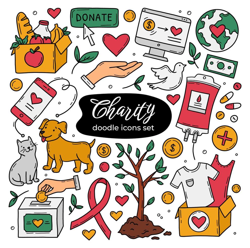 Charity and donations vector doodle cartoon icons set. Animal help, clothing, food and medicine, blood donation and awareness ribbon. Symbols of support in the hands. Money transfer from volunteers