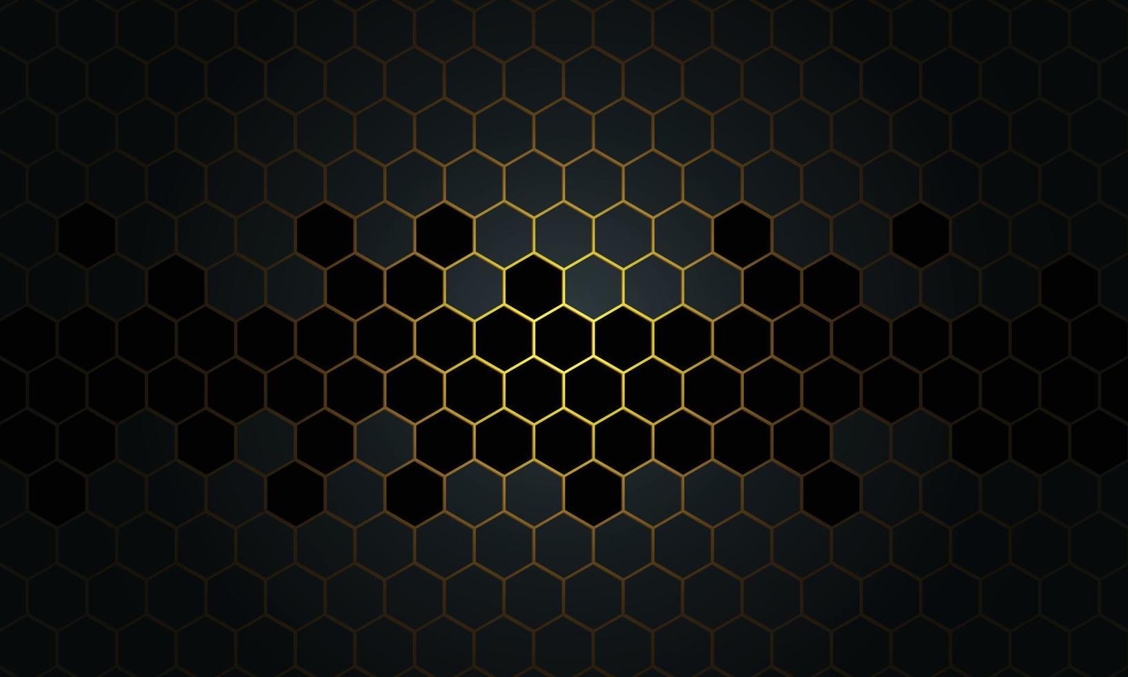 Abstract black and gold honeycomb on dark background. vector