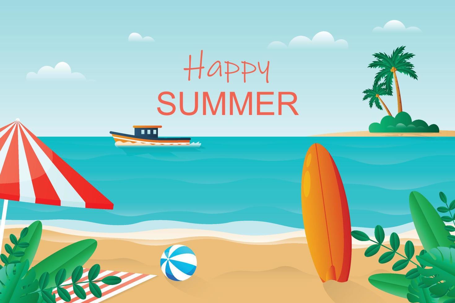 Gradient happy summer background with beach. vector