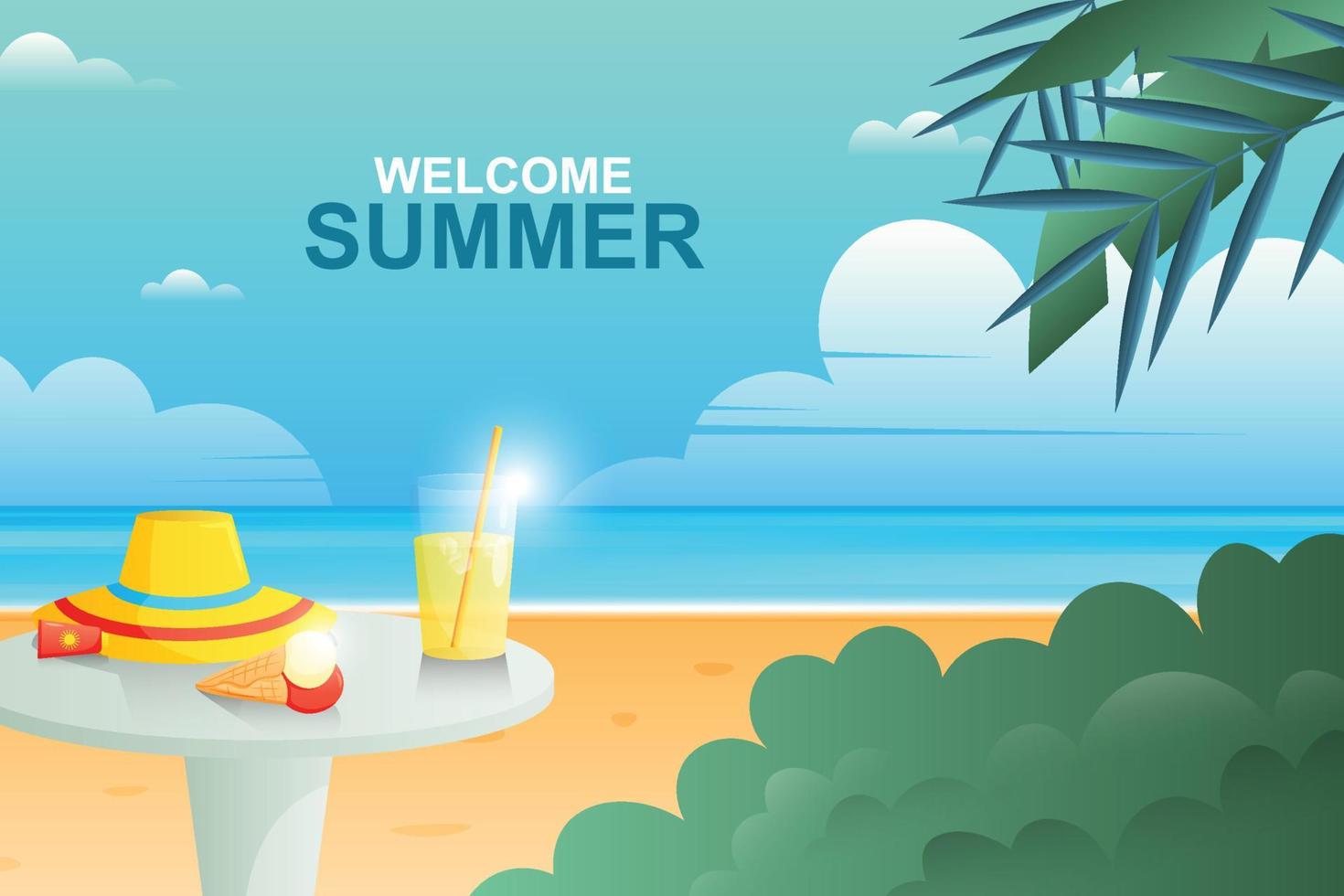 Gradient welcome summer background with beach and food. vector