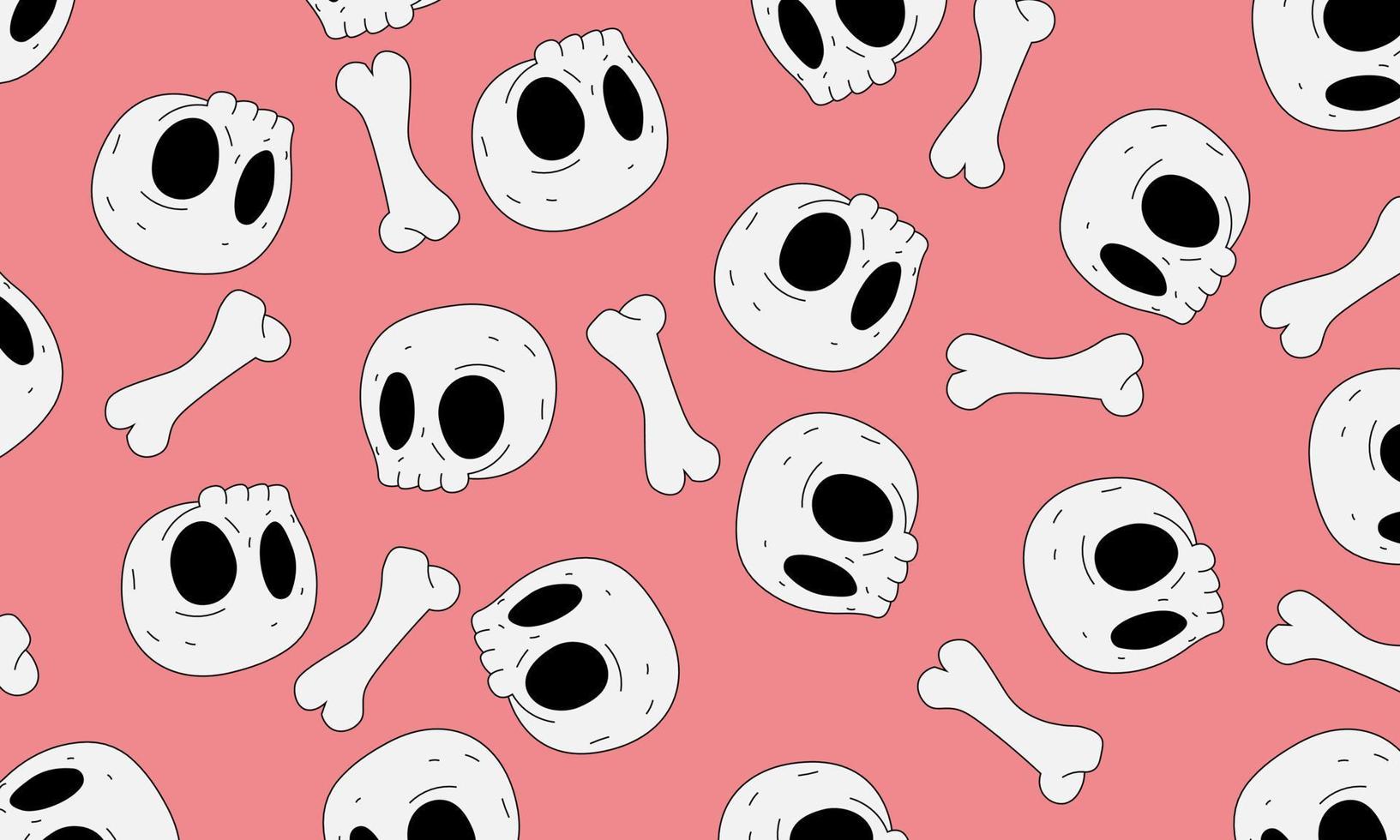 dibujos animados de cráneo y hueso en estilo garabato sobre fondo rosa. vector