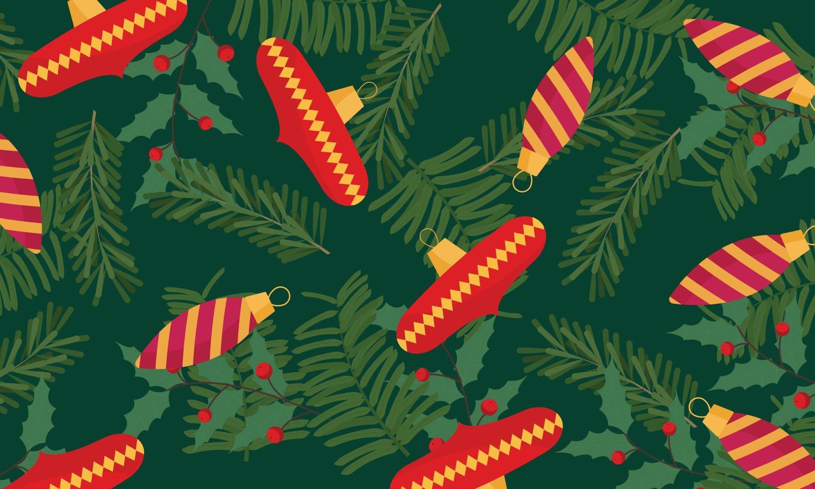 Christmas decoration in seamless pattern on green background. vector