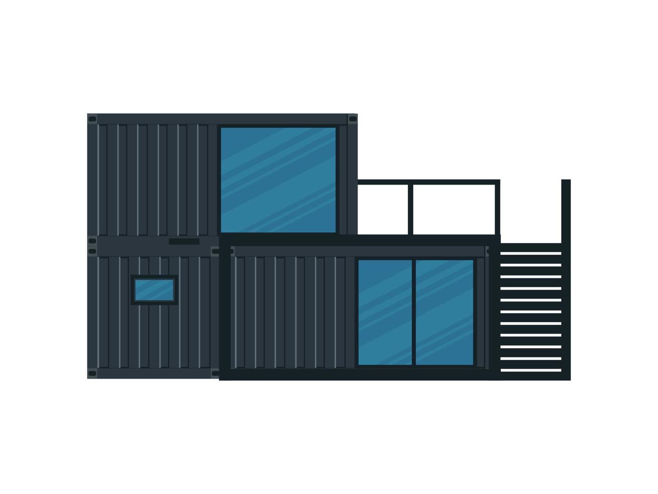 House of black cargo container.Two-storey house out of container for ship isolated on a white background. Vector illustration.
