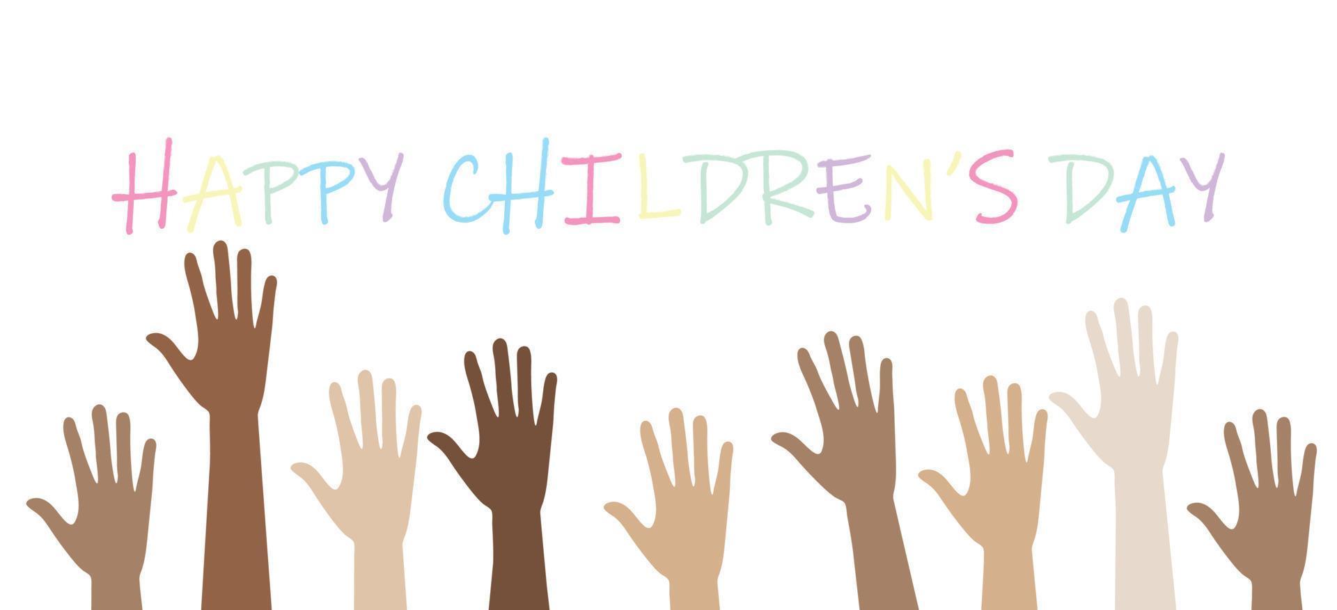 Happy Children's Day. Reusable children's hands on a white background with chalk drawing. Vector illustration.